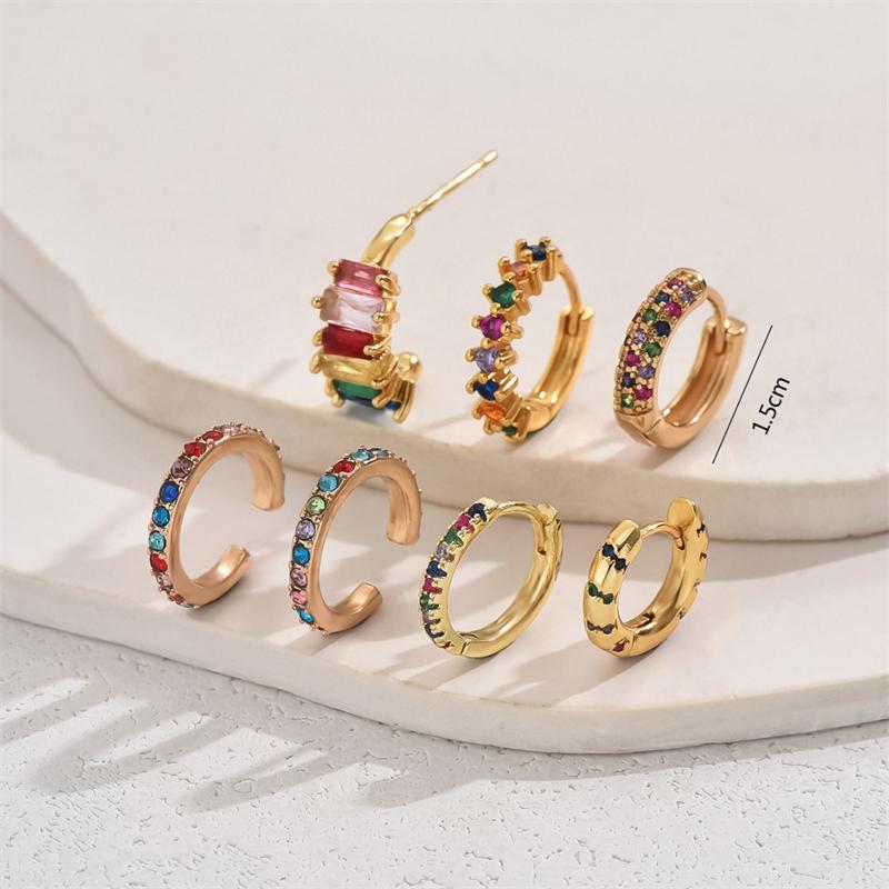 Y2K Aesthetic Rainbow Earring Set for Women Multicolor Zircon Huggie Hoops Cartilage Ear Cuff Summer Festival Party Jewelry
