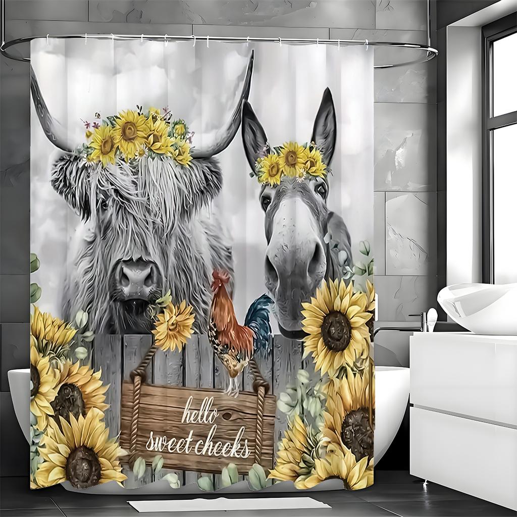 Sunflower Highland Cow and Donkey Shower Curtain, Bathroom Decorative Shower Curtain, Waterproof Shower Curtain with Hooks