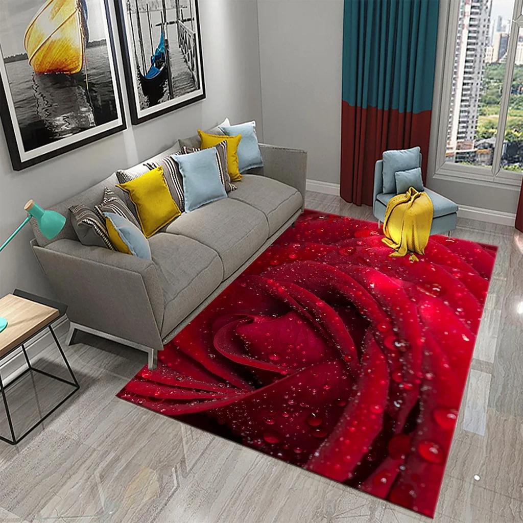 Red Rose Romantic Flower Carpet Soft Floral Rugs for Bedroom Living Room Valentine Decorative Area Mats