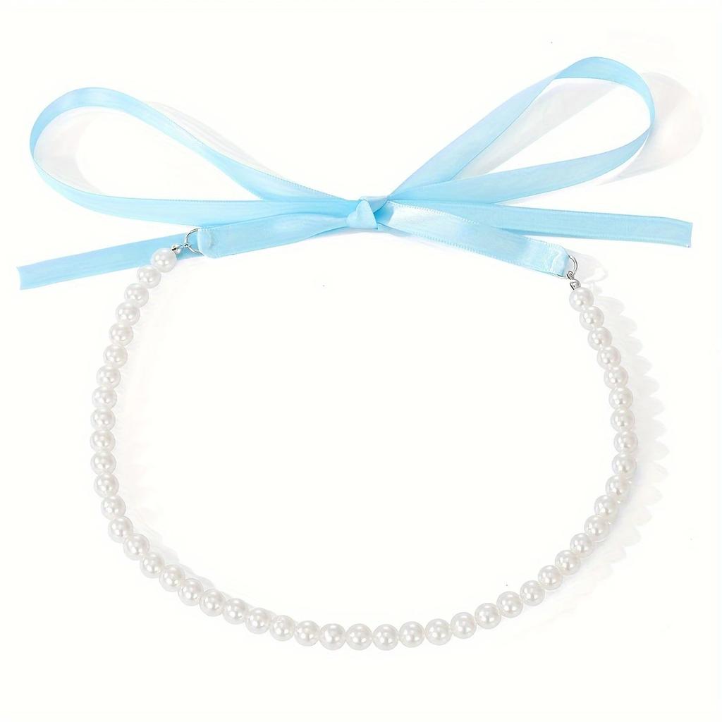 Vintage Naszyjnik z długim kokardą, łańcuszek wstążkowy na obojczyk, sznurowany aksamitny naszyjnik ze sztuczną perłą