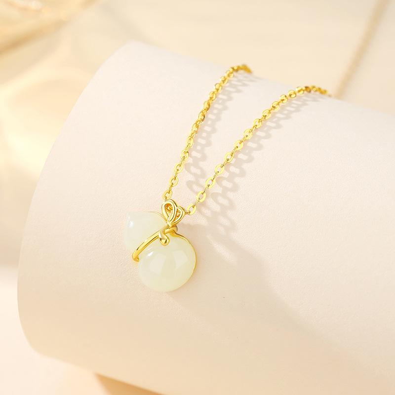 Tichiya S925 Sterling Silver Hetian Jade Gourd Necklace - Light Luxury Chinese Style Clavicle Chain for Women S925 Silver