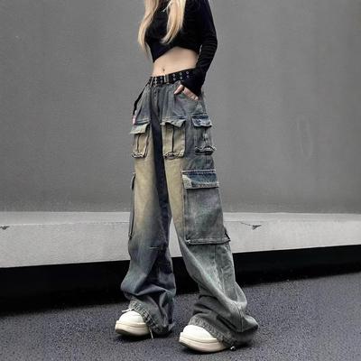 Women's Wide-Leg High Street Multi-Pocket Distressed Jeans