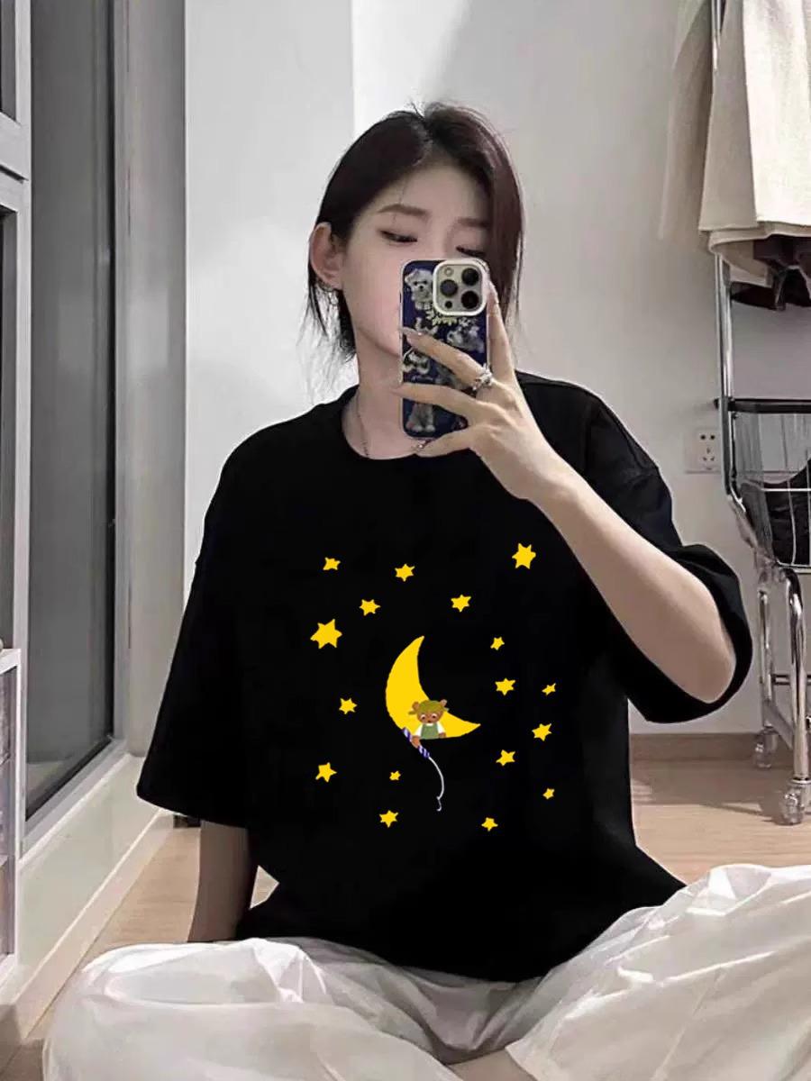 

2025 Женская летняя футболка из плотного чистого хлопка свободного кроя с коротким рукавом L чёрный