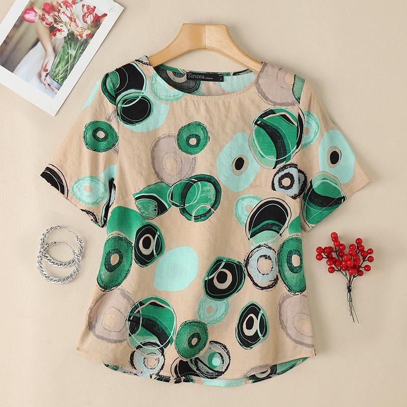 

ZANZEA Женская повседневная блузка с круглым вырезом и коротким рукавом с принтом