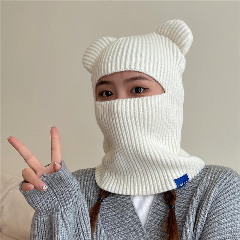 Cappello Pullover di Lana Autunno e Inverno Bambini Orecchie d'Orso Cappello Termico a Maglia Copricapo Antivento per Equitazione all'Aperto Sciarpa Integrata