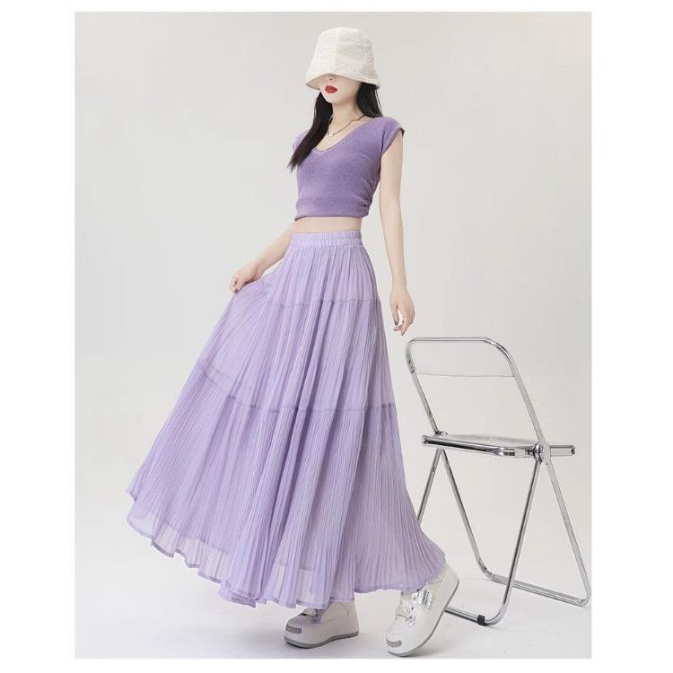 Elegant Purple Chiffon Pleated Half Skirt for Women, Summer High Waist Slim A-line Umbrella Long Swing Skirt