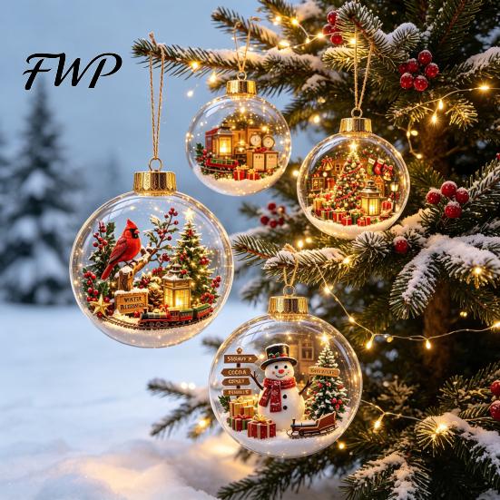 Christmas Theme Hanging Charms Tree Crystal Ball Pendant with LED Light, Built-in Christmas-themed Durable Acrylic Holiday Pendants Pattern