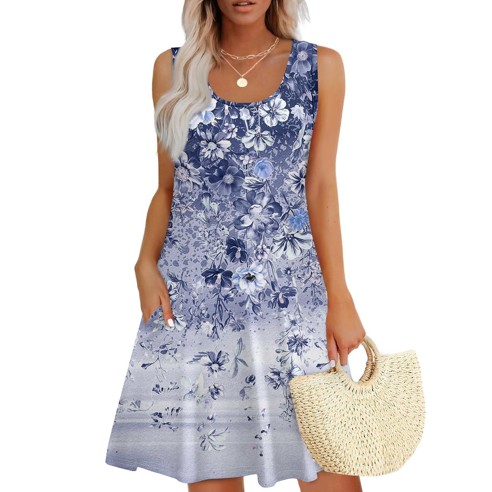 

Женские повседневные платья на каждый день для свиданий с карманами без рукавов свободные платья L синий