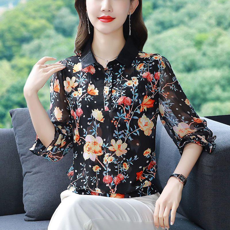Spring and Summer Shirt Collar Printed Chiffon Blouse Loose Slim Women's Long Sleeve Floral Bottoming Top