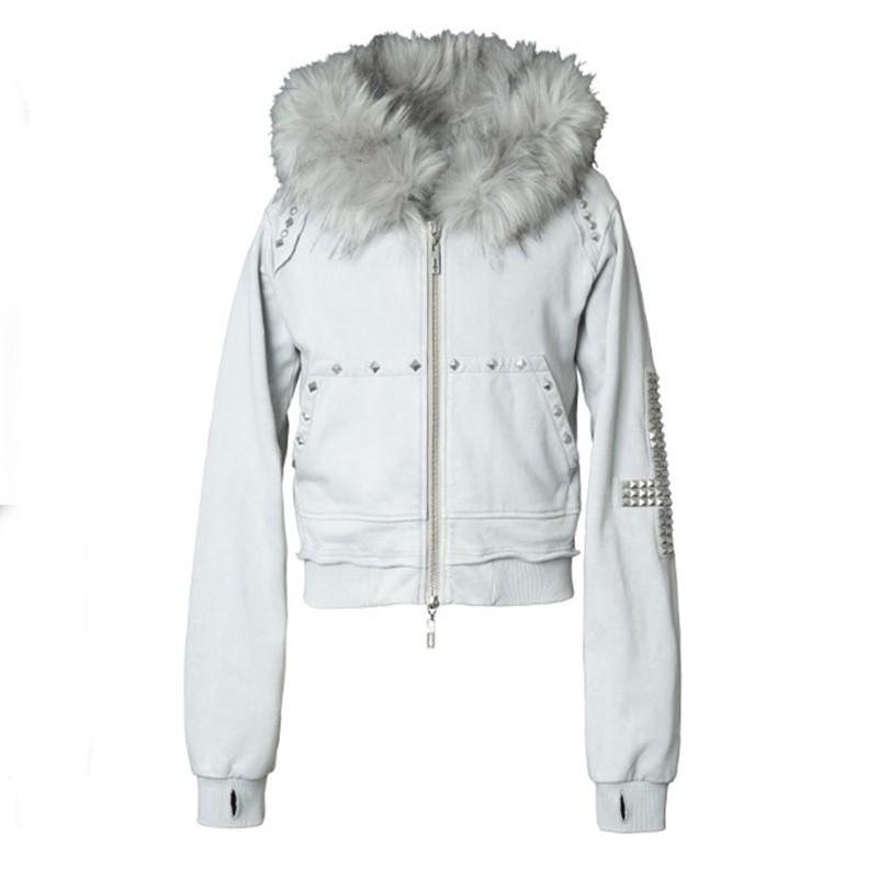 Felpa Vintage Lavata Stile Gotico Y2K con Bordino in Eco-Pelliccia con Zip Streetwear Donna Autunno Inverno