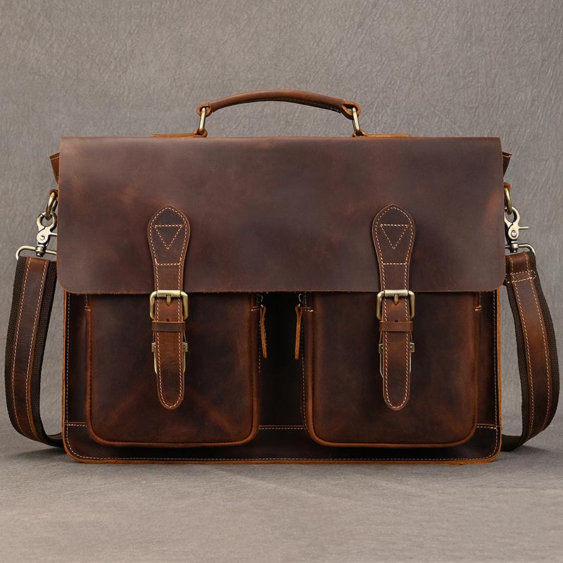 Luxury Fashion 100% Genuine Leather Men Briefcase Cow Leather Laptop Bag Vintage Shoulder Bag Real Cowhide Computer Bag 15.6"