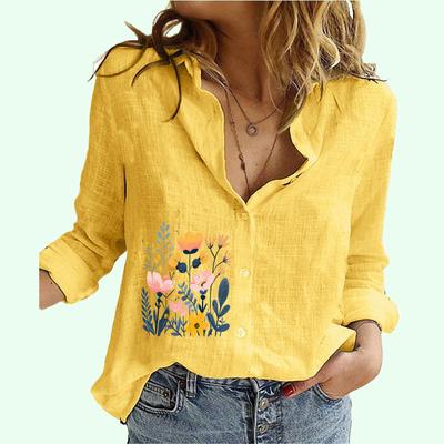Damesmode Katoen Linnen Shirt Zomer&herfst Losse Top met Lange Mouwen Dames Casual Bloemenprint Knopen Blouses