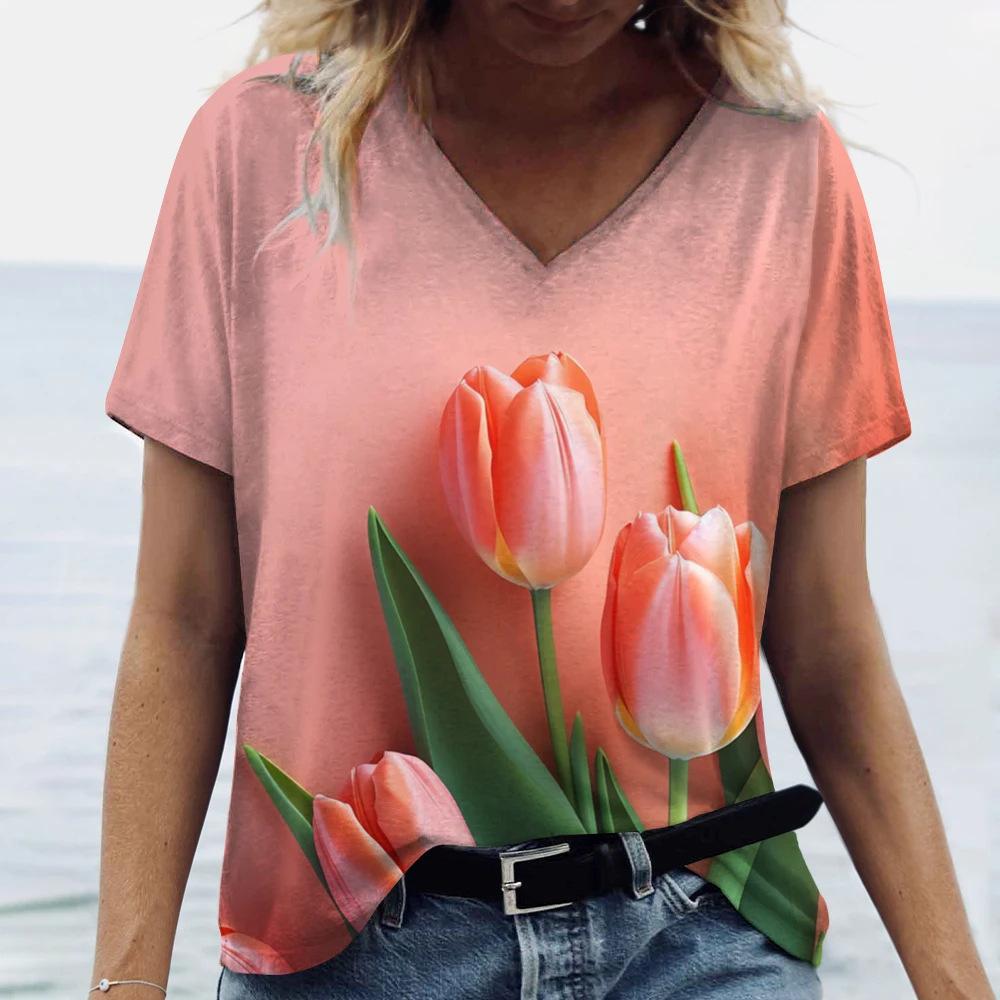 Beautiful Tulip Print 3D Printed Women's Artistic Style V-neck Short Sleeved T-shirt