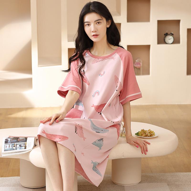 

Women s Summer Color Block Cotton Short Sleeve Pajamas - Cute & Lightweight Mid-Length Nightdress M
