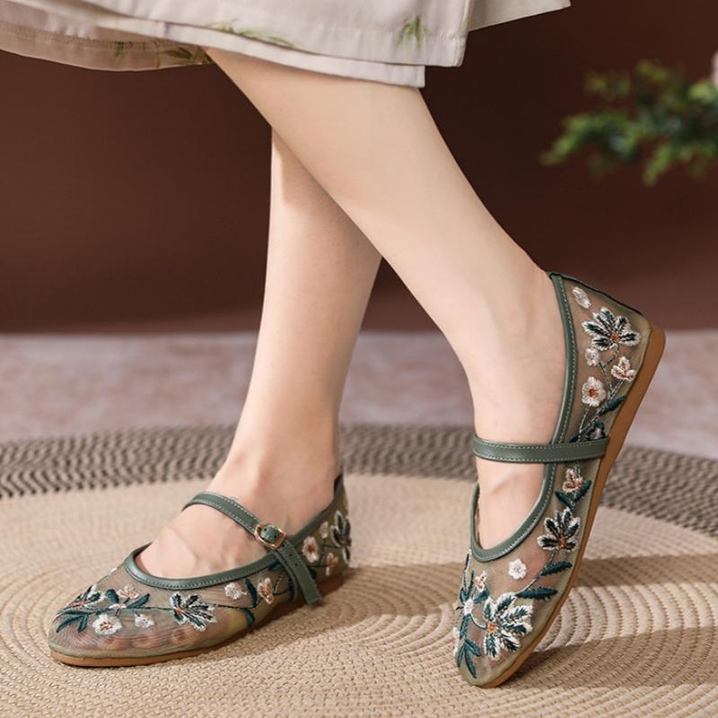 Fashion Ballet Flats 2025 Mesh Breathable Luxury Designer Embroidered Flower Mary Jane New Summer Light Comfortable Women Flat Shoes