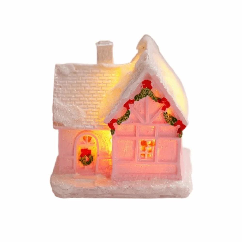 Resin Christmas Glowing Small House Luminous Cute Christmas House Ornament Pink Elegant Christmas Decorations Figurines