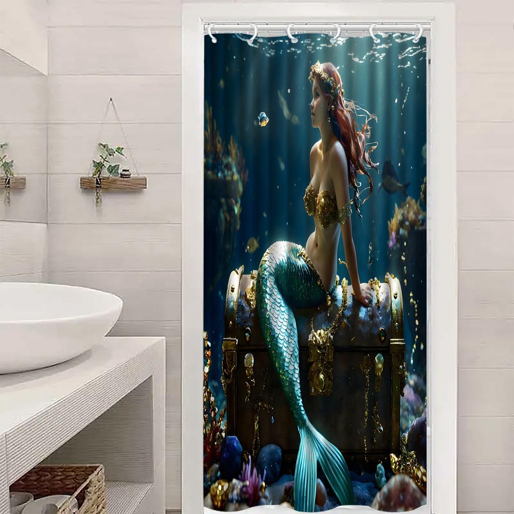 Rideau de douche Sirène Coffre au trésor sous-marin Décor Océan Fantastique Art Sirène Dorée Ensemble de rideaux de bain étanches Maison