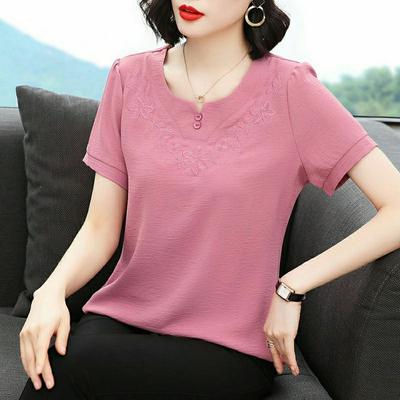 Short Sleeve Chiffon Shirt New Summer Loose Fit Middle-aged Mother's Bottoming T-shirt Round Collar Top Female