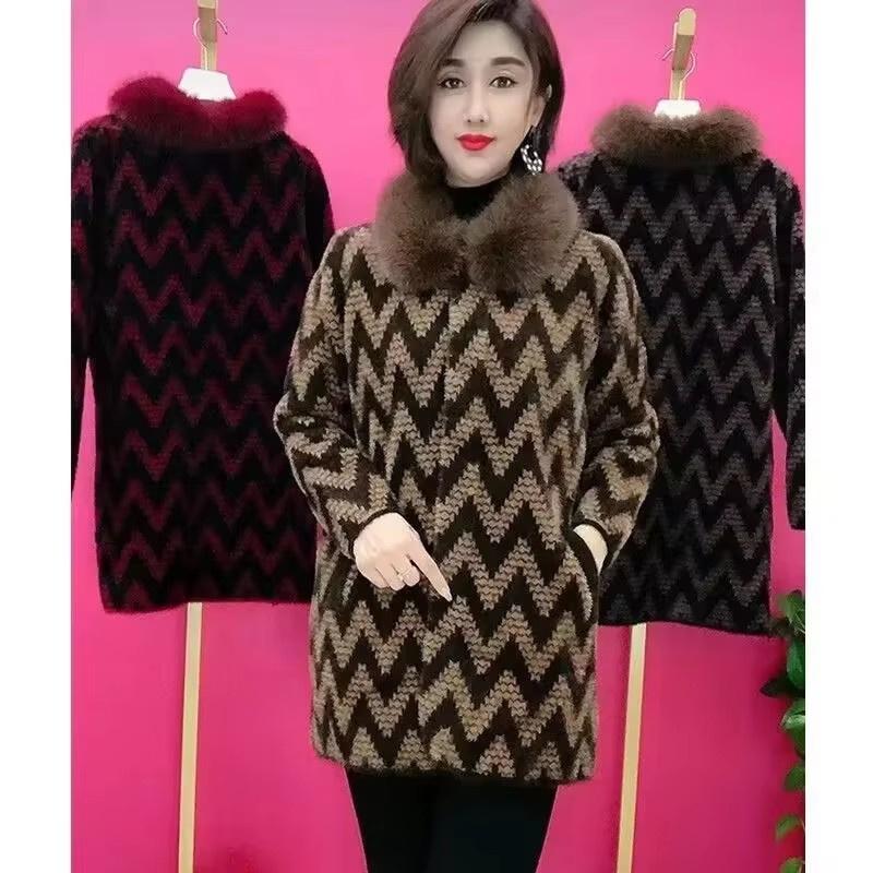 Winter High End Imitation Mink Fleece Warm Wool Coat Middle Aged Elderly Mother Jacket Thicken Knitted Cardigan Woolen Outwear