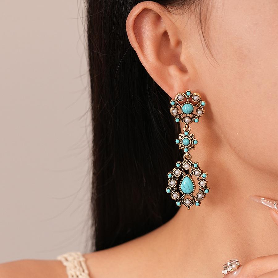 Retro artificial turquoise imitation pearl flower-shaped water drop silver needle earrings French court style earrings