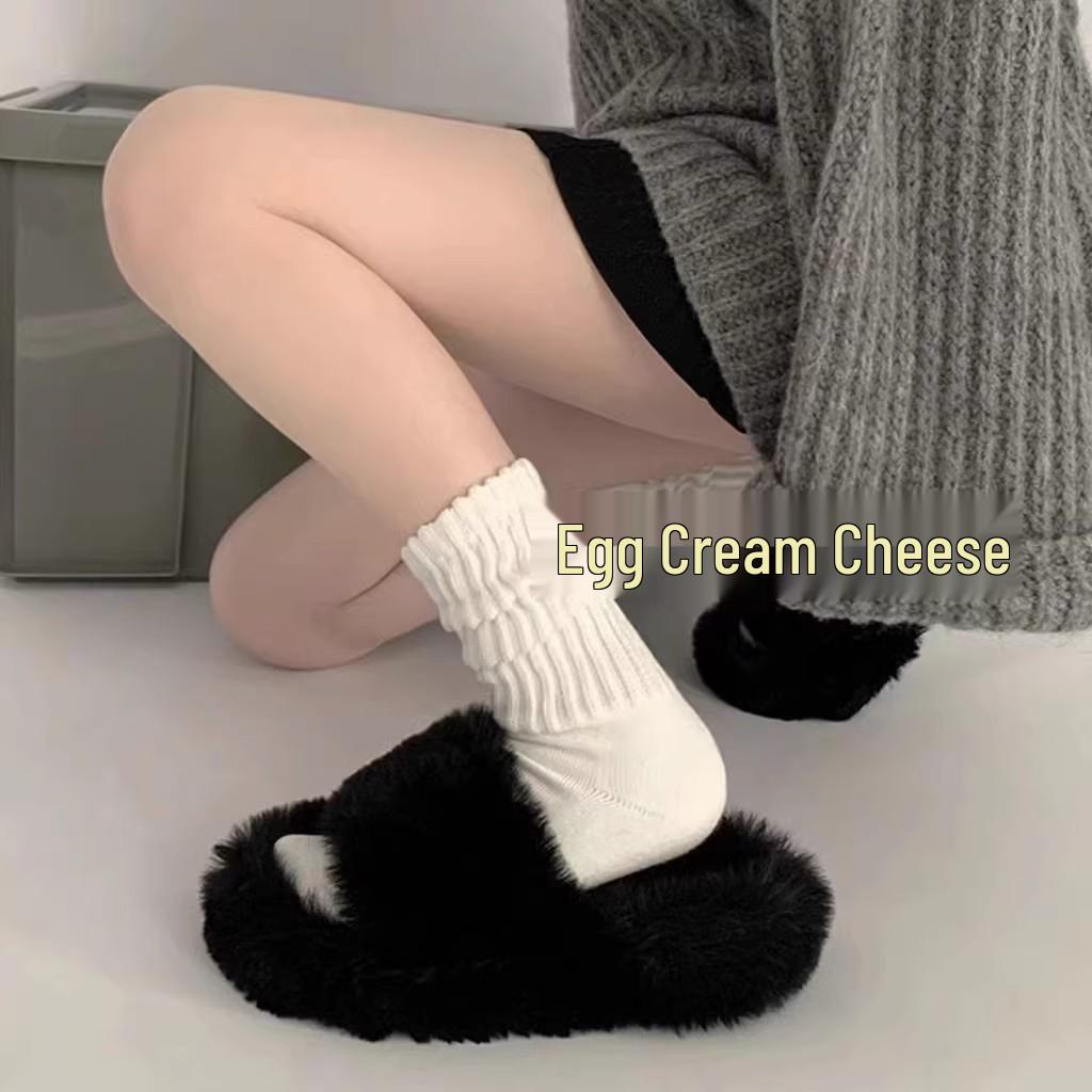 Women's Thick Scrunch Socks: Spring-Summer Mid-Calf, White & Gray Knee-High Wool Knitted Leg Warmers