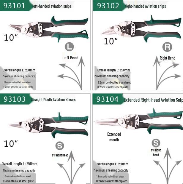 SATA Aviation Snips Sheet Metal Shears: Left, Right, Straight Heads (Models 93101-93104)