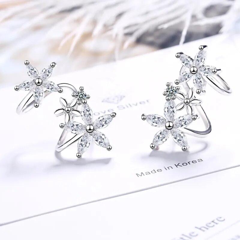 ANENJERY Shiny Earring Flower Curved Clip-on Earrings For Women Crystal Zircon Clip Earrings New Fashion Sweet Jewelry