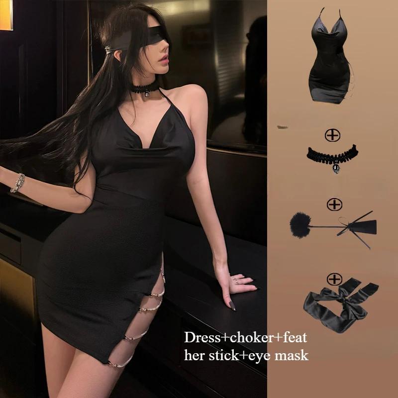 Women's Chain Halter Nightclub Pajamas Sexy Backless Side Slit Wrap Sleepwear Mini Nightie Erotic Hot Night Club Nightdress Set