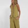 Women Suit Cotton Linen Long Pants Sleeveless Vest Set V-neck Wide Leg Casual Set Outfit