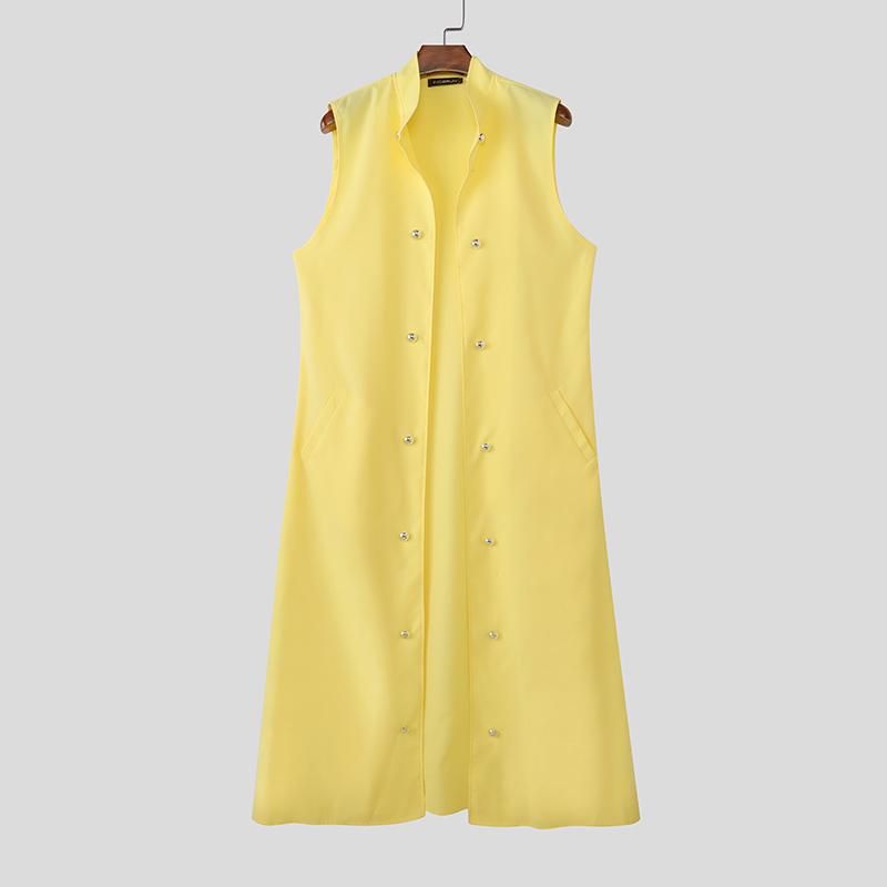 INCERUN Men Satnd Neck Sleeveless Open Front Decorative Buttons Casual Long Cardigan
