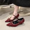 Pointed Suede Ankara Red One-Buckle with Mary Jane Women's Shoes 2025 Bow Heel Leather High Heels