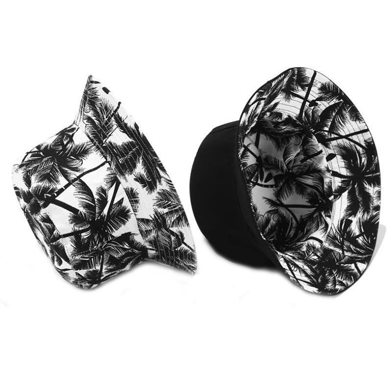 Canvas Fisherman Hat Men and Women Tide Printing Coconut Tree Double-sided Wear Basin Hat Outdoor Outing Sun Hat Versatile Outfits Accessories