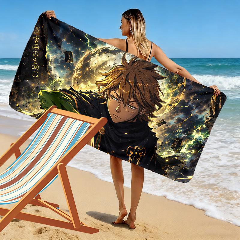 Black Clover Print Beach Towel, Large Soft Quick Dry Towel for Beach Camping Swimming