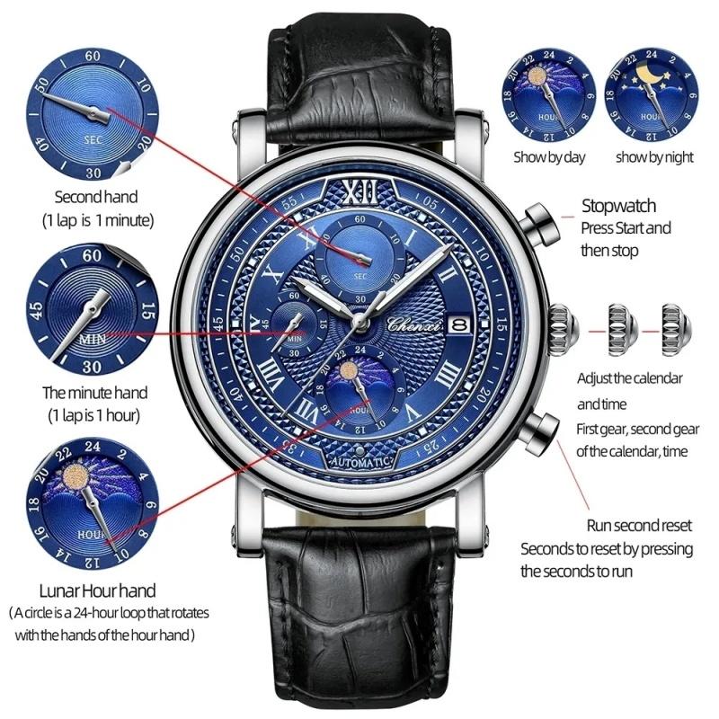 CHENXI 976 Men's Quartz Wristwatch Calendar Moon Phase Leather Strap Waterproof Business Luminous Chronograph Watches for Men