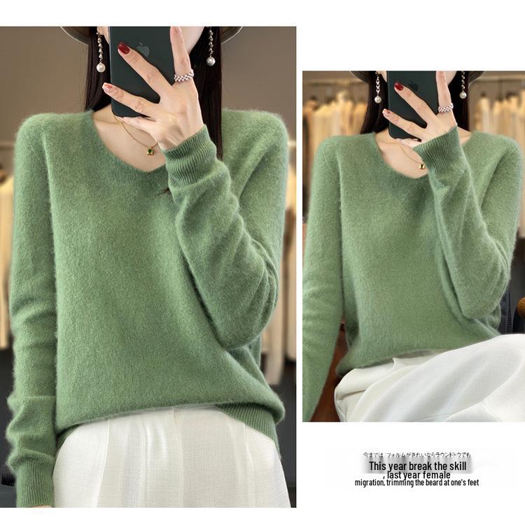 Women's V-Neck Seamless Wool Sweater - Loose, 100% Cashmere Knit for Autumn/Winter