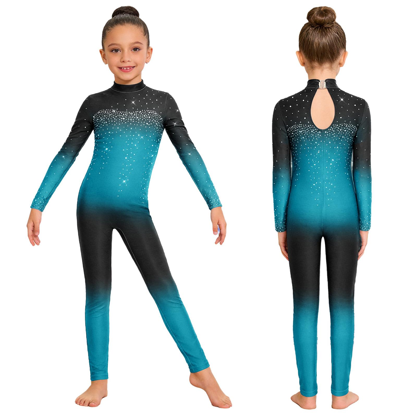 Kinder Eiskunstlauf Ganzkörperanzug Langarm Ballett Gymnastik Jumpsuit Mädchen Kinder Workout Yoga Training Ganzkörper Unitards 5-6 Years hellblaue