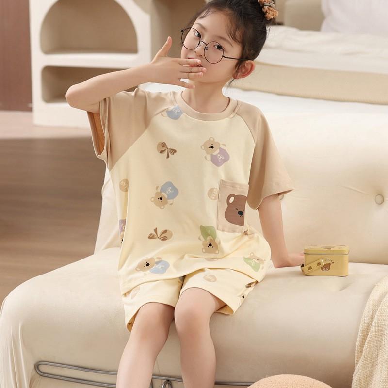 Girls Cotton Pajama Set Short Sleeve Cartoon Print Lightweight Sleepwear Ages 8