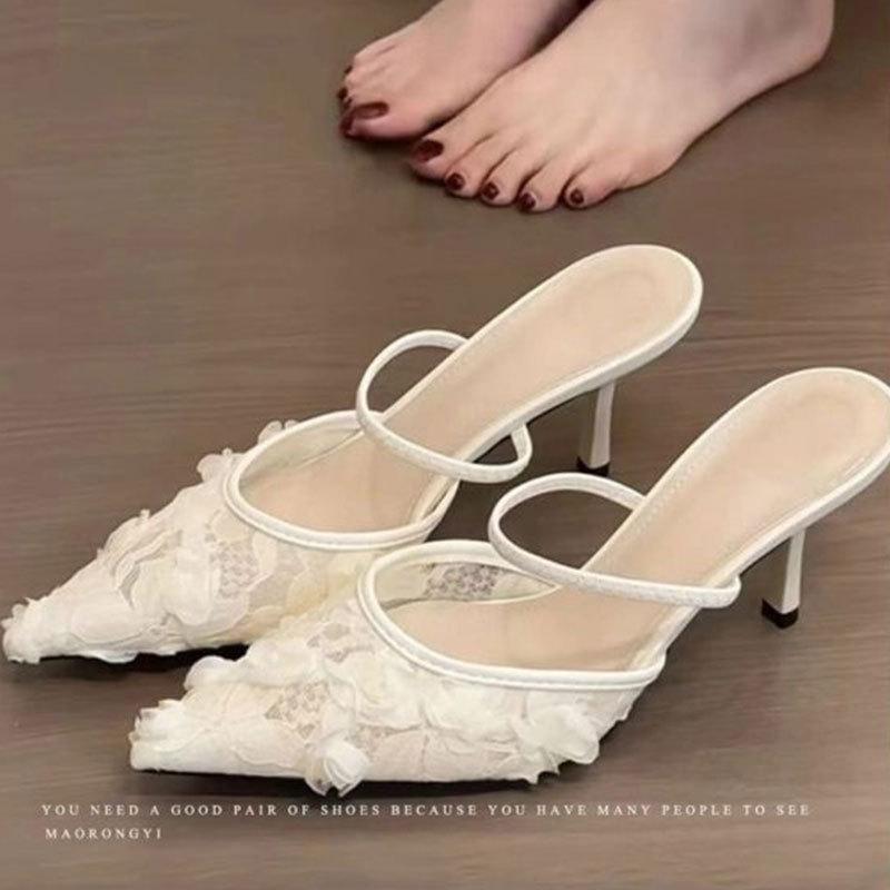 

Нежный вечерний бриз острый носок с сумкой голова тонкий каблук полушлепанцы женские летние 2025 новые сетчатые прохладные шлепанцы 40 бежевый