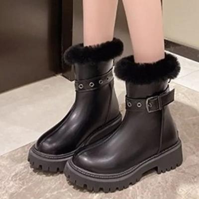 Mode 2024 Hochwertige Schuhe für Damen Reißverschluss Damenstiefel Winter Runde Zehenpartie Plüschfleece für Wärme Solide Mittelhohe Schaft Modestiefel