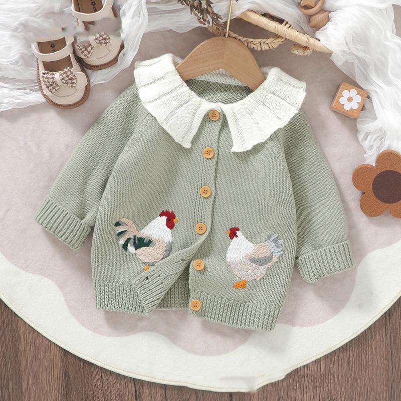 

Вязаный кардиган для девочки, свитер с вышивкой петушка, трикотажное пальто с кукольным воротником для малышей, осенне-зимняя одежда 98cm зелёный