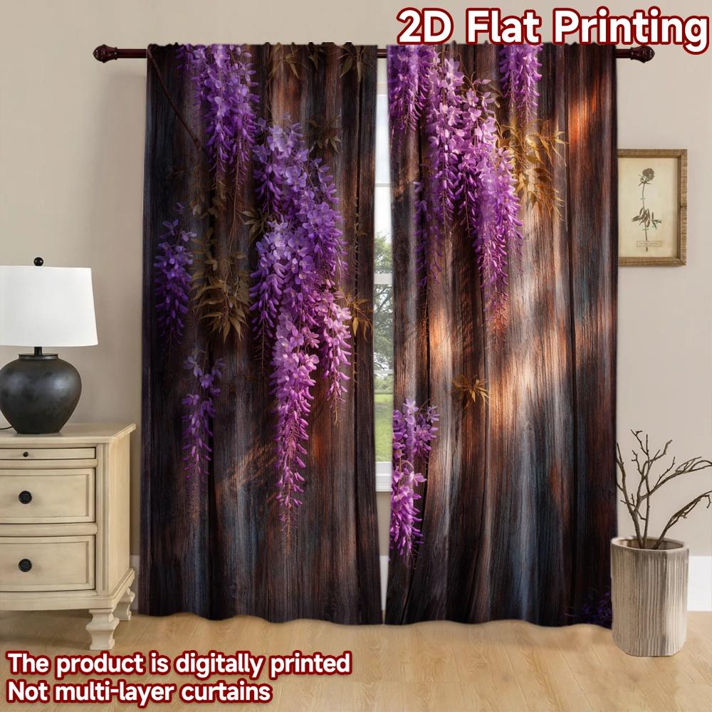 2D Flat Printing 2pcs Curtain Drapes Spring Purple Blooms Digital Printed Polyester Drapes Festive Curtains Perfect for Holiday