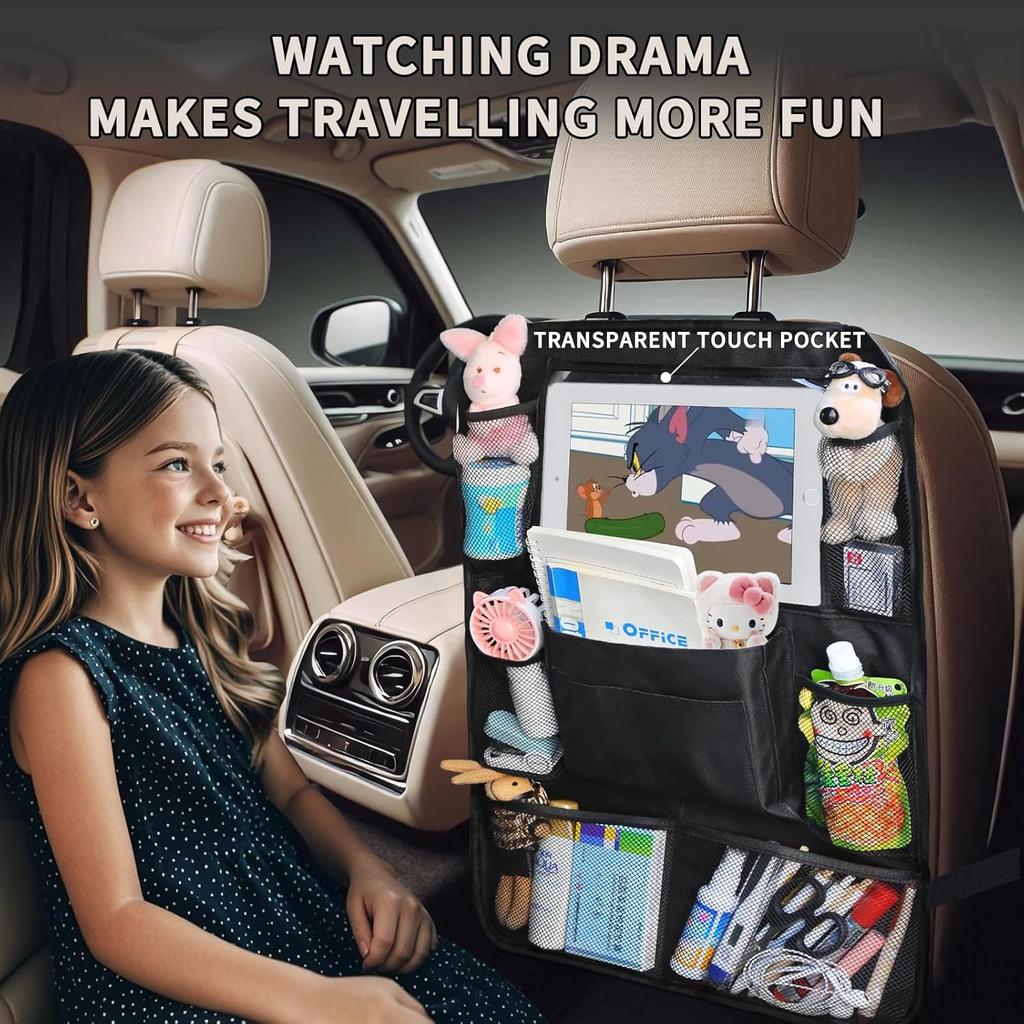 Backseat Car Organizer With Touch Screen Tablet Holder, Storage Pockets, Foldable Food Tray, Kick Mats Back Seat Protector, Travel Accessories For