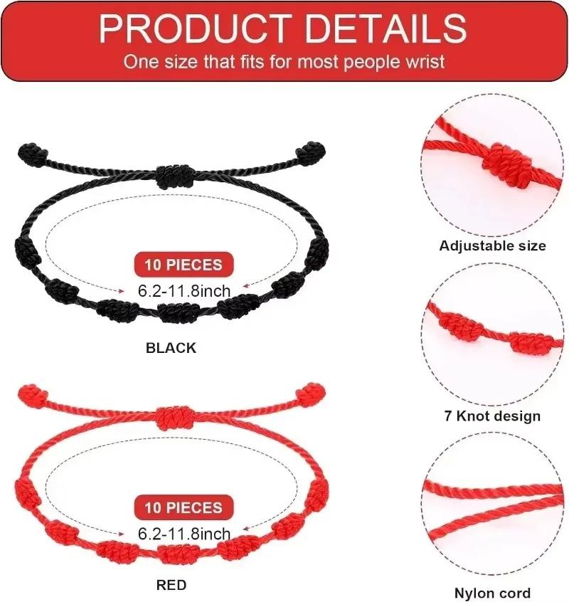 Schwarzes Rotes Faden 7 Knoten Armbänder zum Schutz Glücksbringer für Erfolg Handgefertigtes Seil Partnerarmband Glücksarmbänder