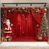Sfondo Natalizio 2D di Babbo Natale, Tenda Rossa con Regali e Ornamenti