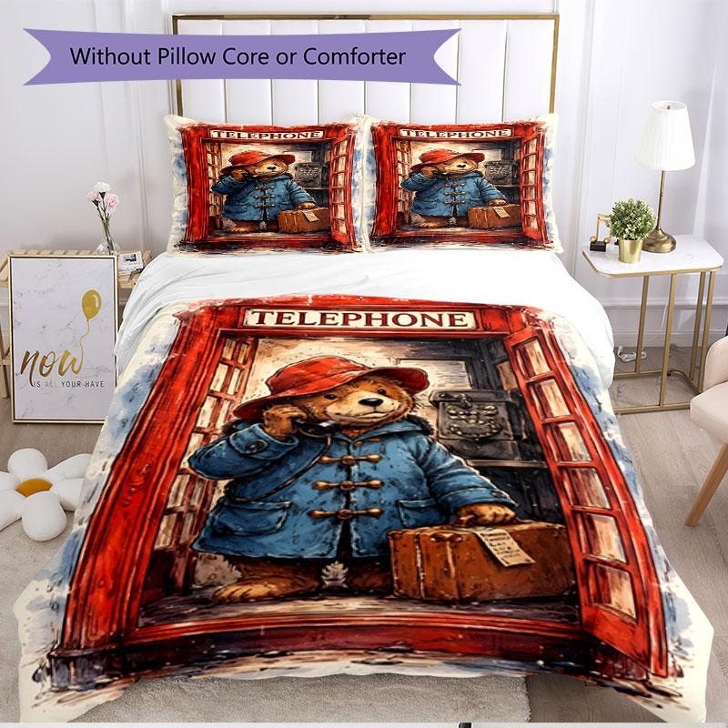 3pcs Duvet Cover Set (1*Duvet Cover + 2*Pillowcase, Without Core), Paddington Bear Print Soft All‑Season Bedding Set, Home Bedroom Decor Gift