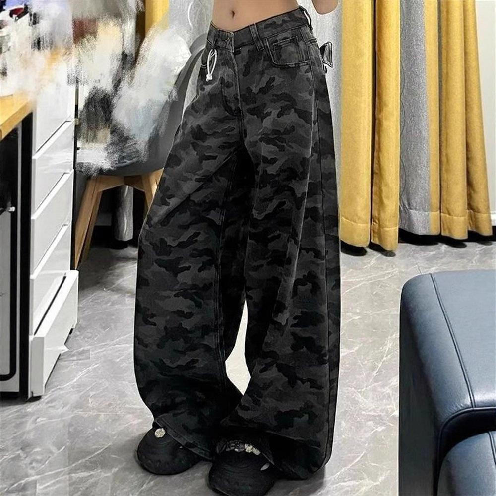 Large Size High Street Camouflage Wide Leg Jeans Female Loose Thin High Waist Trailing Floor Straight Trousers Jeans for Women Long Denim Pants