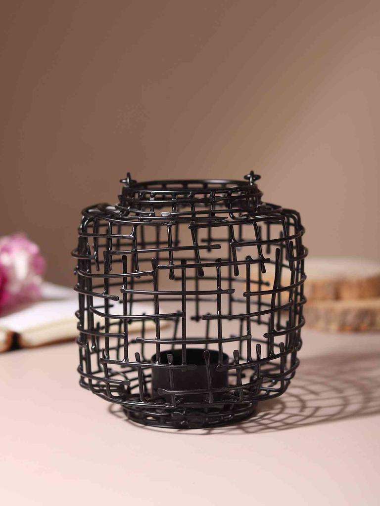 Basketweave Black Tea Light Holder | 13 x 13 x 13 cm