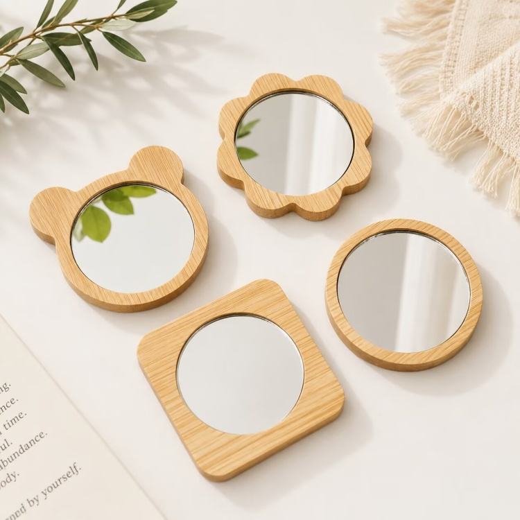 Wooden Small Round Mirror Portable Pocket HD Mirror Wood Mini Makeup Mirror Custom Bamboo Pocket Mirror Compact Mirror