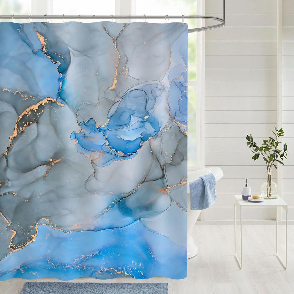 Blue Gray Marble Abstract Fabric Shower Curtain, Modern Ink Art Decorative Waterproof Bathroom Shower Curtain With Hook