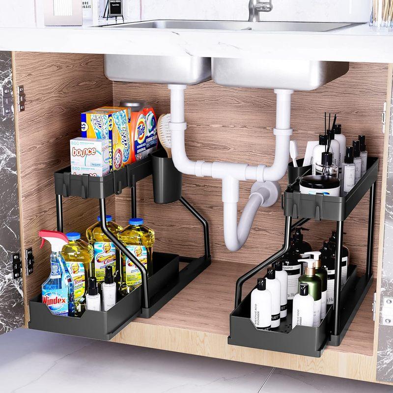 Étagère de rangement sous évier, rangement d'armoire de cuisine, tiroir de rangement à double glissière, panier de rangement polyvalent pour salle de bain